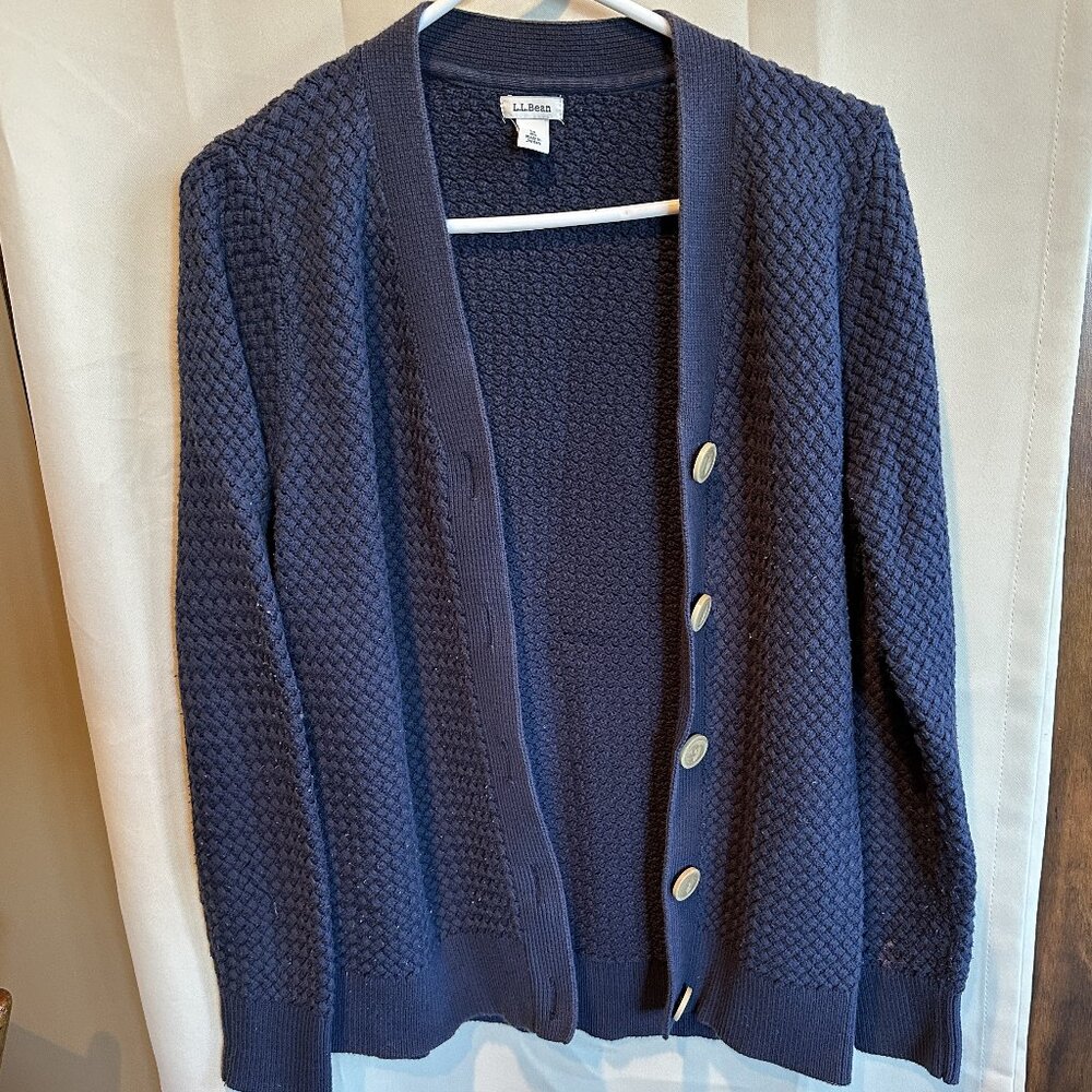 LL BEAN Navy Basket Weave Cardigan Sweater - Size Med